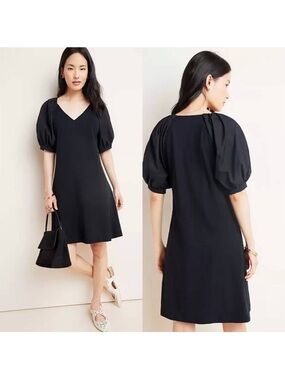 Anthropologie Maeve Annika Knit Black Puff Sleeve V Neck Dress 100%Cotton Size M